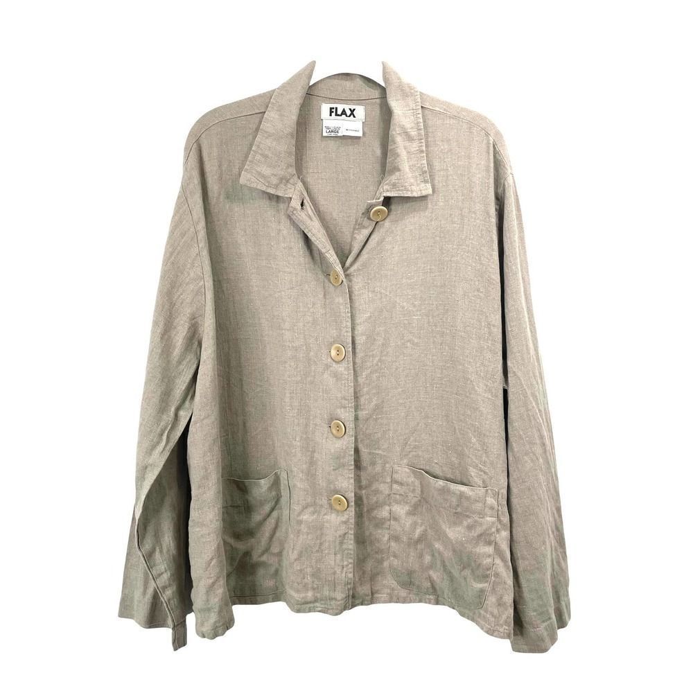 FLAX 100% Linen Lagenlook shirt top Sz L neutral beige boxy